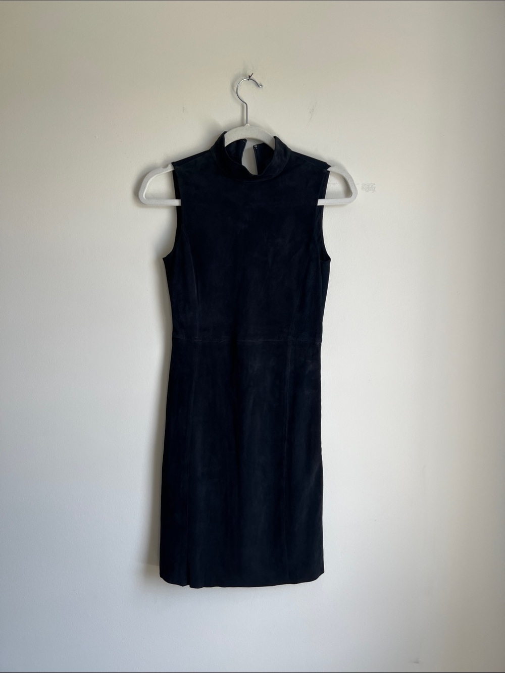 Theory Navy Blue Dress Soft Lamb Leather Trim High Neck Sz 00/XXS  Eulia
